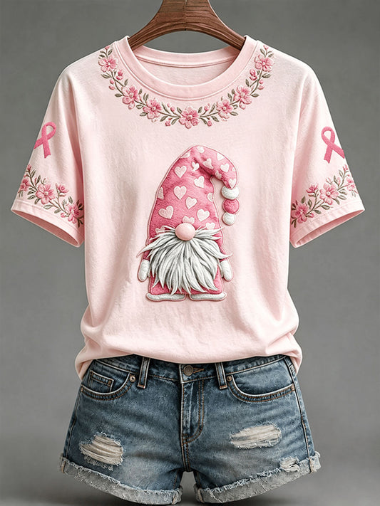 Women's Breast  Cancer Awareness Pink Hat Gnome Short-sleeved T-shirt