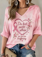 Women's Breast Cancer Awareness Print Mid-length Sleeves V-Neck T-Shirt