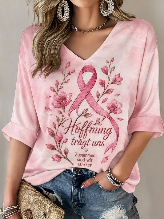 Women's Breast Cancer Awareness Print Mid-length Sleeves V-Neck T-Shirt
