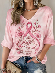 Women's Breast Cancer Awareness Print Mid-length Sleeves V-Neck T-Shirt