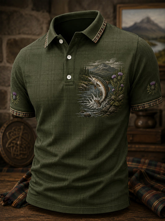 Men’s Scottish Salmon River Plaid Trim Polo Shirt