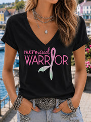 Women's Pink Wig Mermaid March Breast Cancer Awareness Print T-shirt