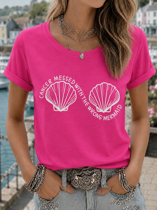 Women's Pink Wig Mermaid March Breast Cancer Awareness Print T-shirt