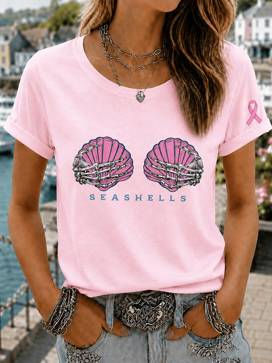 Women's Pink Wig Mermaid March Breast Cancer Awareness Print T-shirt
