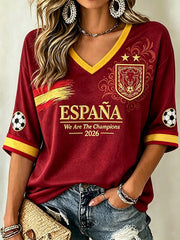 Women's 2026 España Football Fans Casual Mid-length Sleeves V-Neck T-Shirt