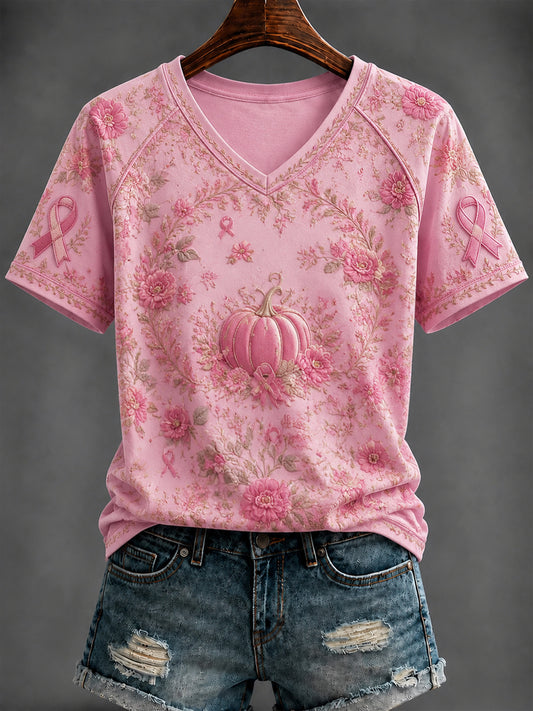 Women's Breast Cancer Pink Printed V-neck T-shirt