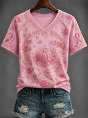 Women's Breast Cancer Pink Printed V-neck T-shirt