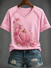 Women's Breast Cancer Pink Printed V-neck T-shirt