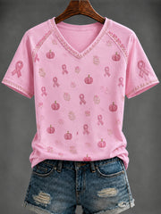 Women's Breast Cancer Pink Printed V-neck T-shirt