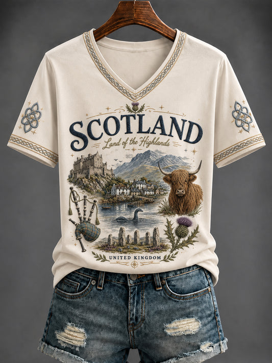 Women's Scottish Highland cattle Printed V-neck T-shirt
