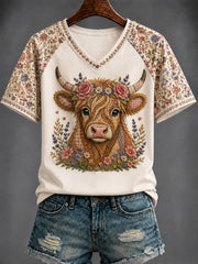 Women's Scottish Highland cattle Printed V-neck T-shirt