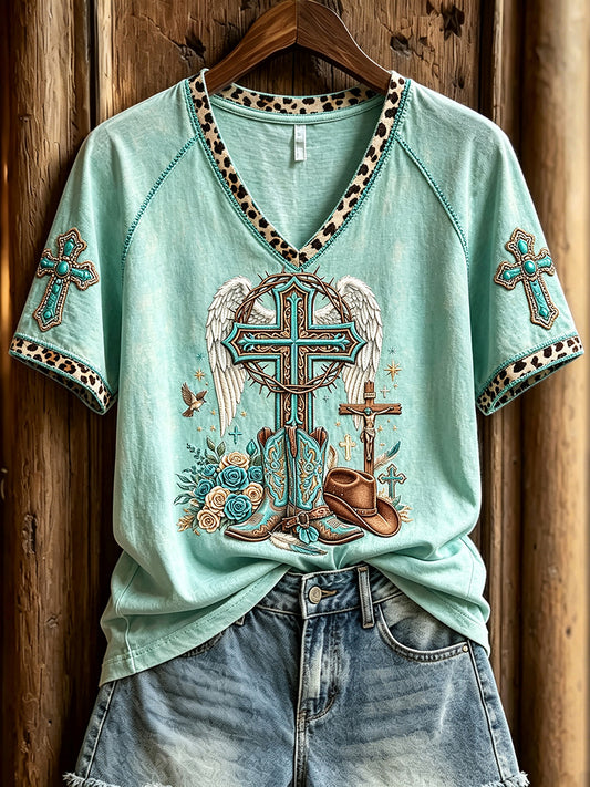Women's Western Christian Cross and Angel Wings Print V-neck Short-sleeved T-shirt