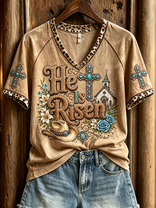 Women's He Is Risen Western Cross Print V-neck Short-sleeved T-shirt