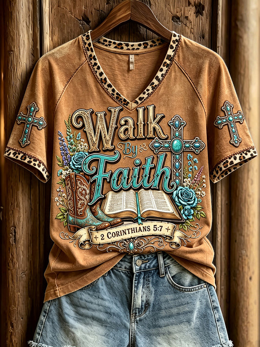 Women's Western Walk By Faith Print V-neck Short-sleeved T-shirt