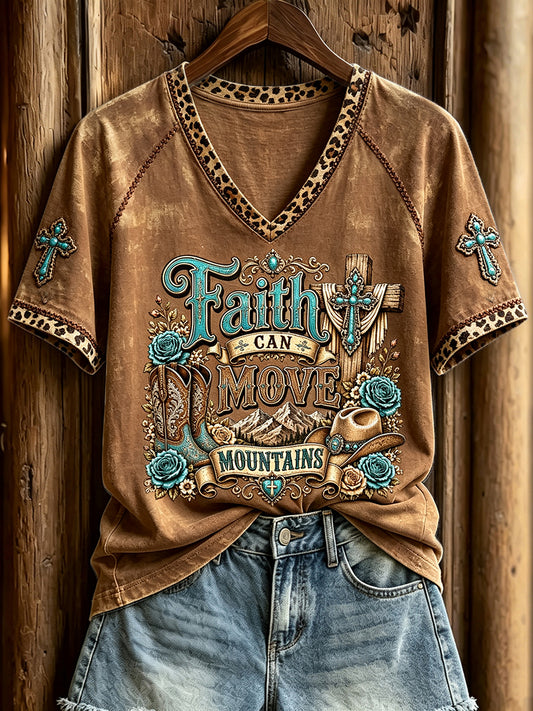 Women's Western Faith Can Move Mountains Print V-neck Short-sleeved T-shirt