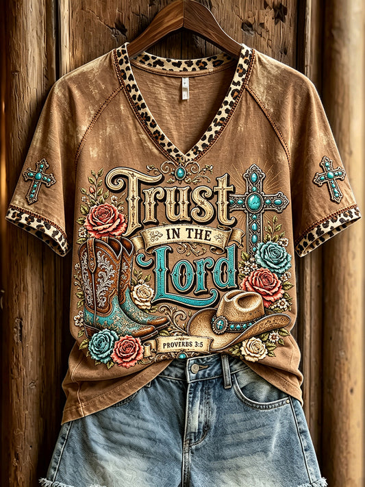 Women's Trust In The Lord Western Faith Print V-neck Short-sleeved T-shirt