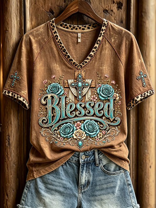 Women's Vintage Western Blessed Cross Print V-neck Short-sleeved T-shirt