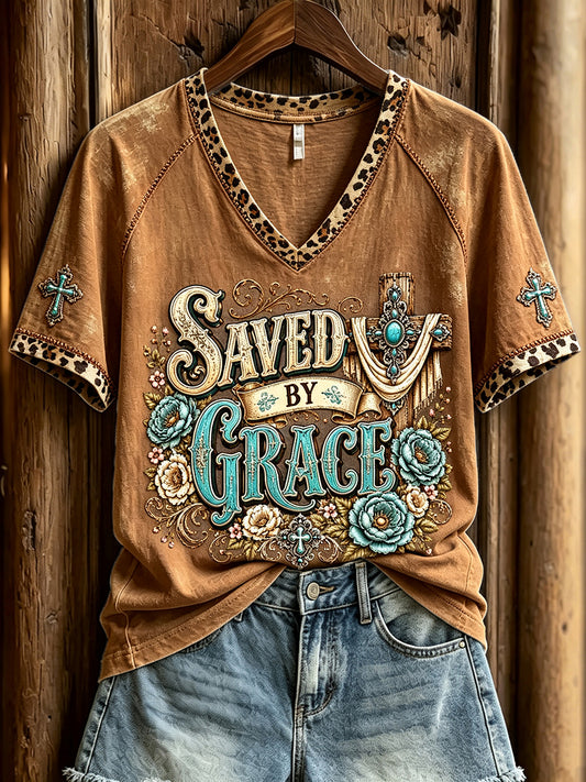 Women's Saved By Grace Western Cross Print V-neck Short-sleeved T-shirt