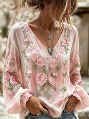 Women's Classy Floral Print Gradient V Neck Cotton-Linen Shirt