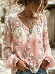 Women's Classy Floral Print Gradient V Neck Cotton-Linen Shirt