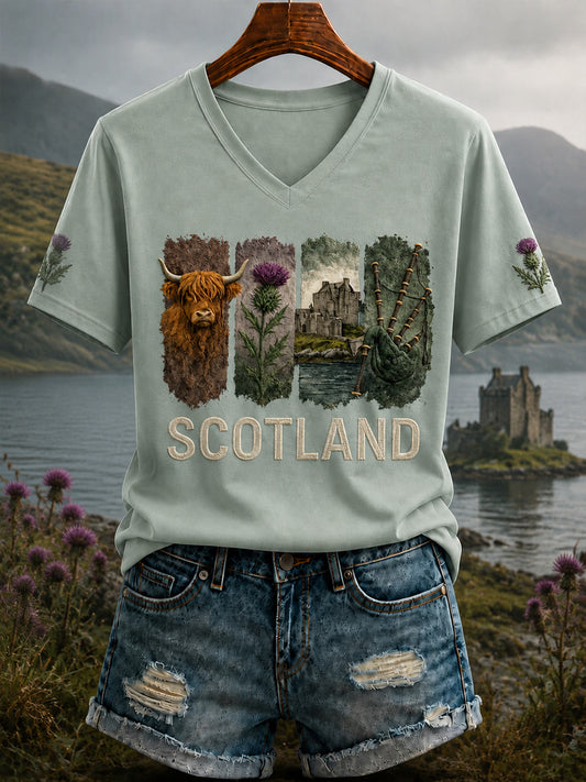Women's Scottish Highland Cattle Printed V-neck T-shirt