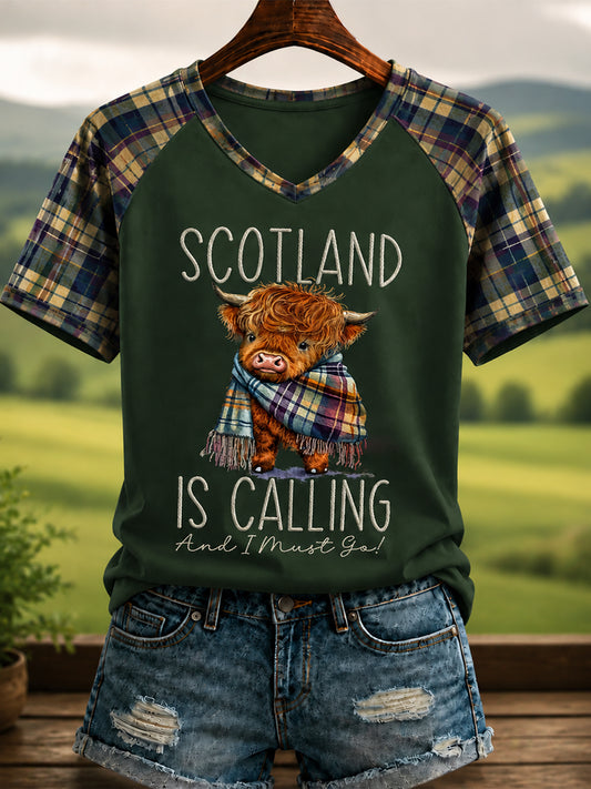 Women's Scottish Highland Cattle Printed V-neck T-shirt