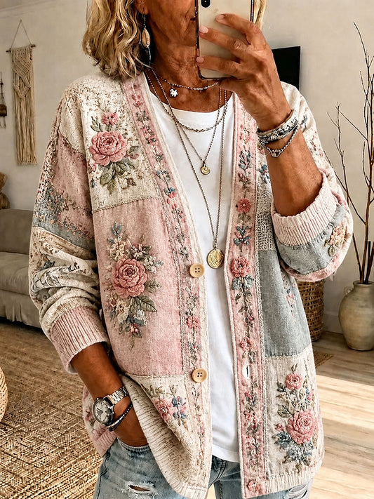 Women's Breast Cancer Prevention Themed Floral Print Casual Cardigan