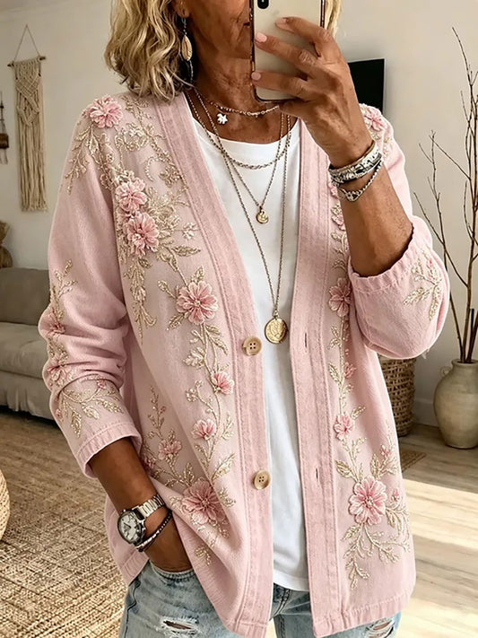 Women's Breast Cancer Prevention Themed Floral Print Casual Cardigan