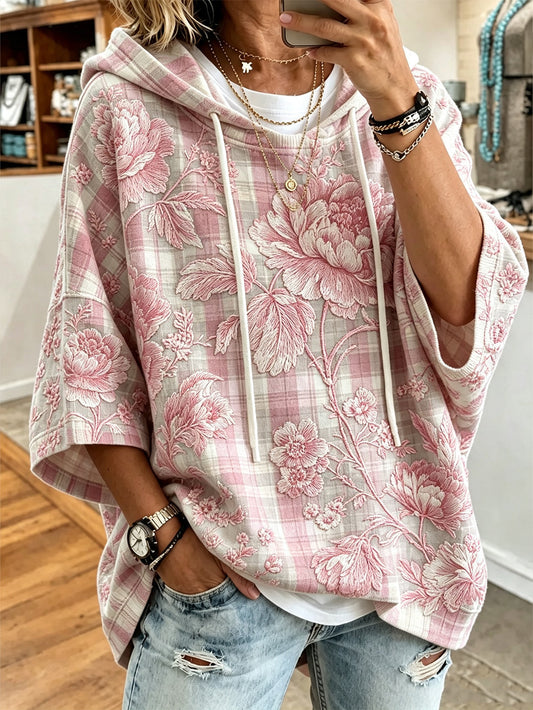 Women's pink floral pattern printed casual hoodie