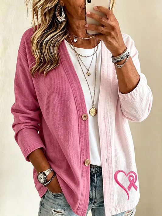 Women's Breast Cancer Prevention Themed Floral Print Casual Cardigan