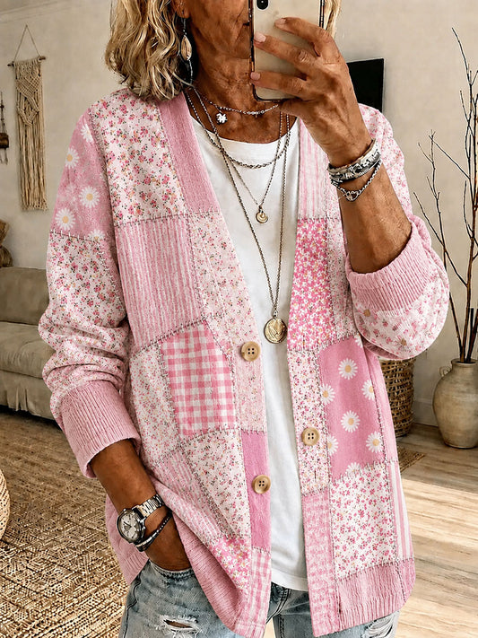 Women's Breast Cancer Prevention Themed Floral Print Casual Cardigan