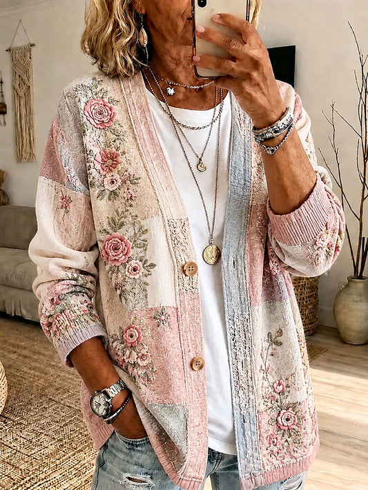 Women's Breast Cancer Prevention Themed Floral Print Casual Cardigan