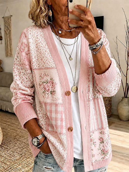Women's Breast Cancer Prevention Themed Floral Print Casual Cardigan