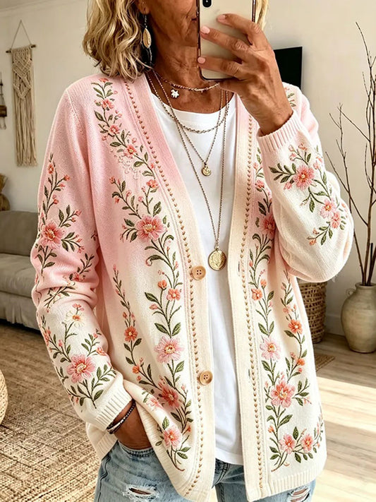 Women's Breast Cancer Prevention Themed Floral Print Casual Cardigan