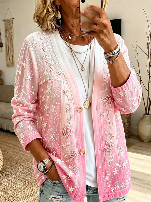 Women's Breast Cancer Prevention Themed Floral Print Casual Cardigan