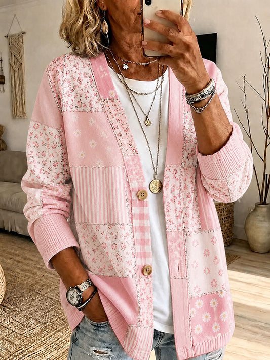 Women's Breast Cancer Prevention Themed Floral Print Casual Cardigan