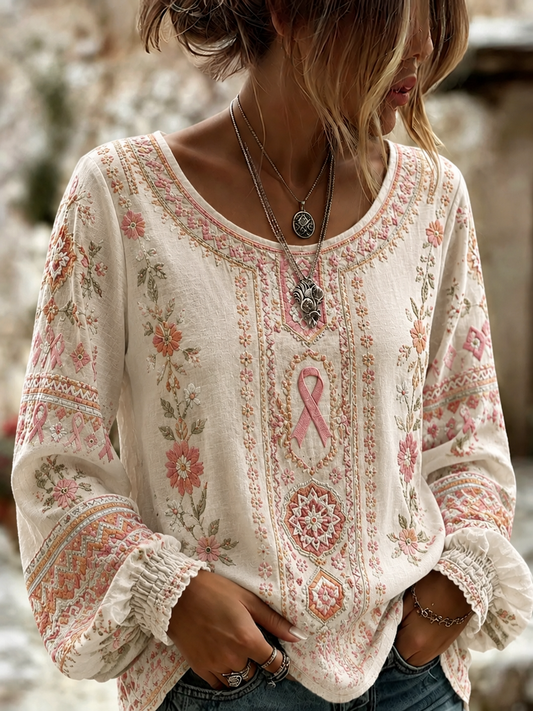 Women's Breast Cancer Cotton-Linen Shirt