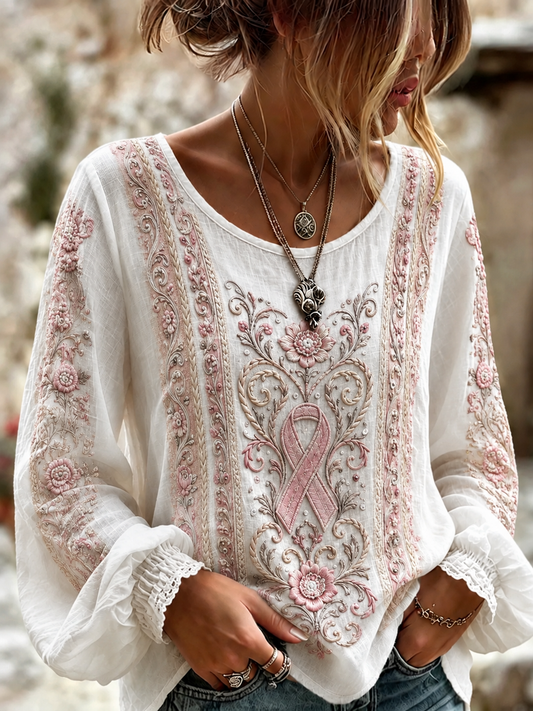 Women's Breast Cancer Cotton-Linen Shirt