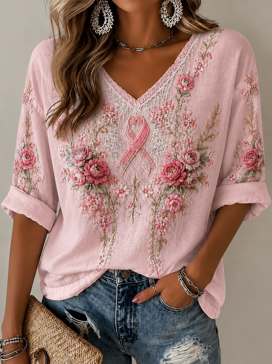 Women's Breast Cancer Mid-length Sleeves V-Neck T-Shirt