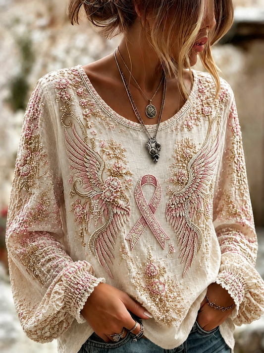 Women's Breast Cancer Cotton-Linen Shirt