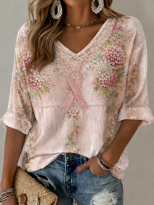 Women's Breast Cancer Mid-length Sleeves V-Neck T-Shirt