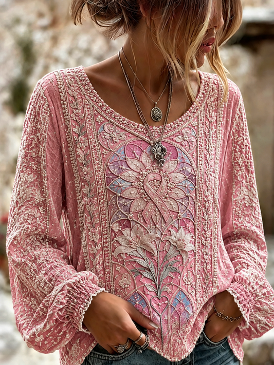 Women's Breast Cancer Cotton-Linen Shirt