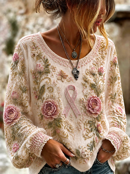 Women's Breast Cancer Cotton-Linen Shirt