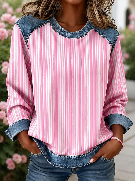 Women's Striped Print Denim Patchwork Top