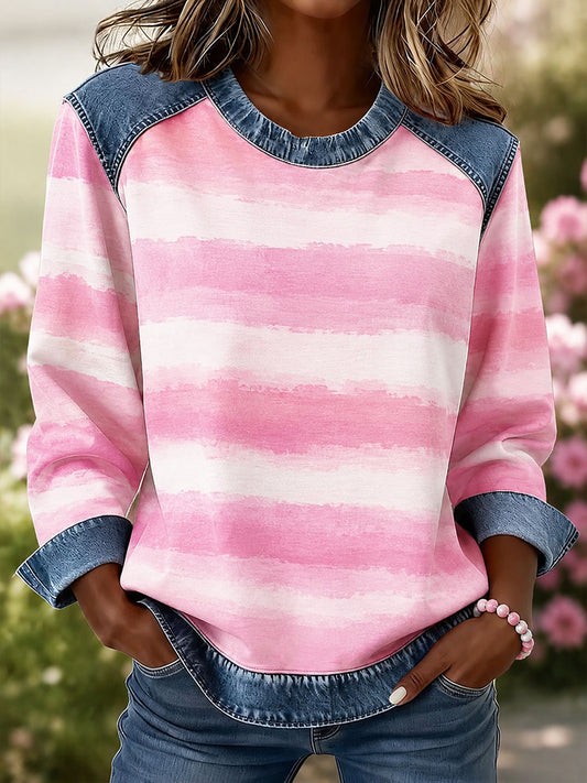 Women's Striped Print Denim Patchwork Top