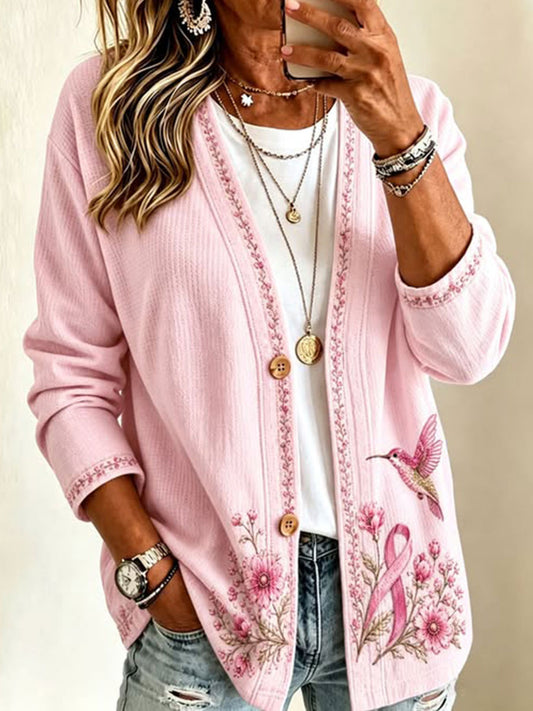 Women's Breast Cancer Awareness Printed Casual Cardigan
