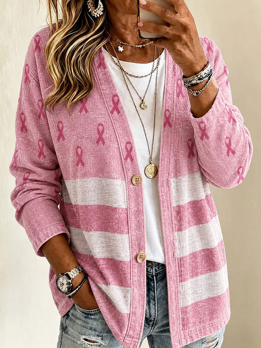 Women's Breast Cancer Awareness Printed Casual Cardigan