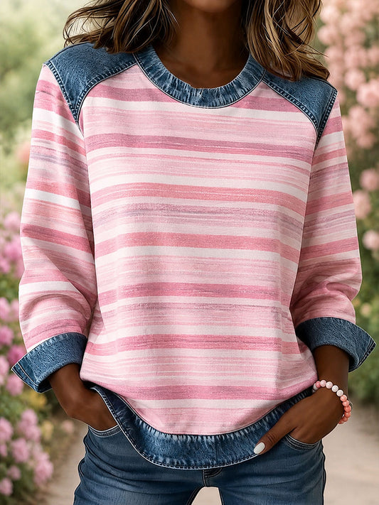 Women's Striped Print Denim Patchwork Top