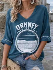 Women's Scotland Orkney Island Art Printed Linen T-shirt