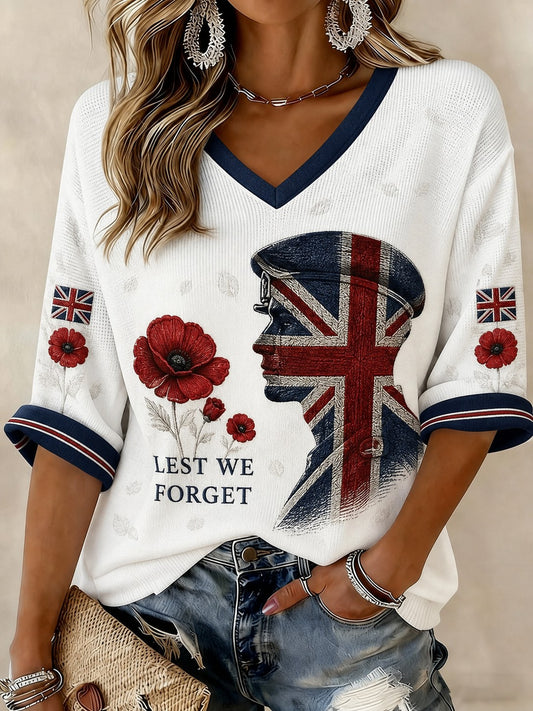 Women's Lest We Forget Printed Mid-length Sleeves V-neck T-shirt